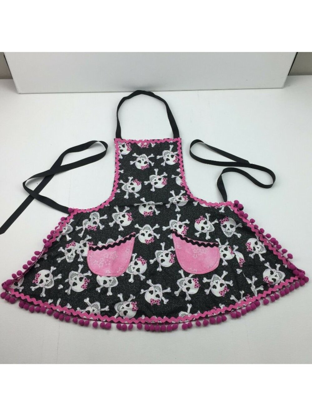 Girls Baking Apron for Kitchen Punk Rock Skulls With Bows Pink Pom Pom Ribbon
